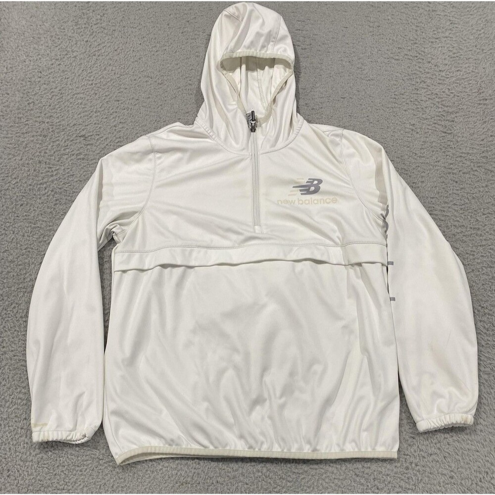 New Balance Jacket Mens Large White Hooded 1/2 Zip Windbreaker Running Logo